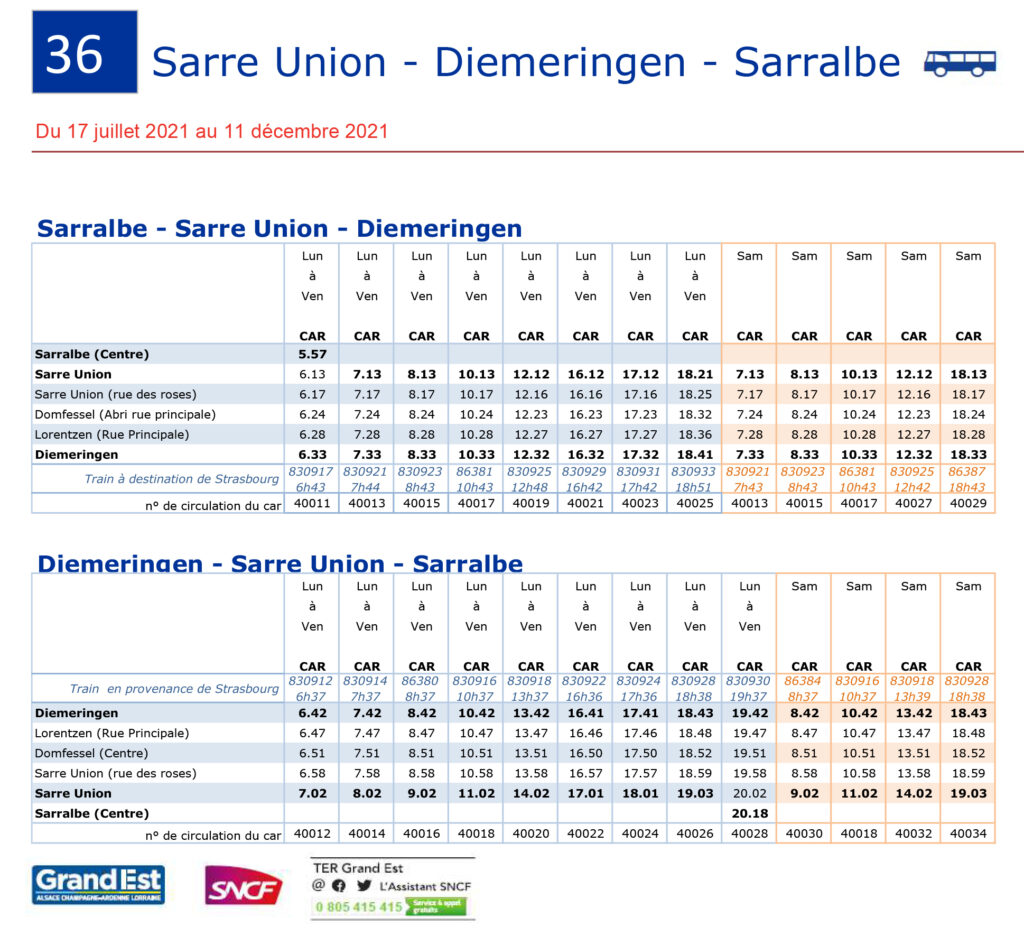Horaires de la ligne de bus SNCF Sarralbre - Sarre-Union - Diemeringen