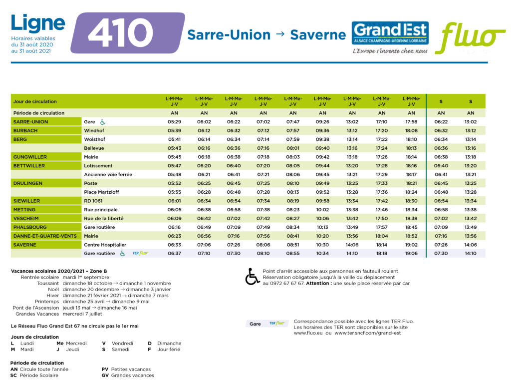 Horaires de la ligne 410 Sarre-Union - Saverne jusqu'au 31 août 2021